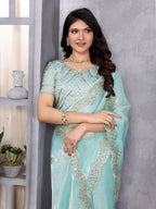 Vastranavya Sky Blue Embroidery Work Shimmer Chiffon Saree with Unstitched Blouse - Distacart