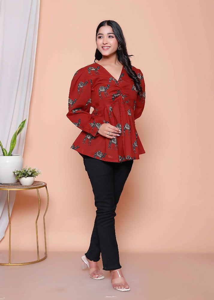 Miravan Womens Brown Animal Printed Balloon Sleeves V Neck Butterfly Top - Distacart