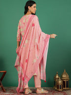 Sangria Floral Printed & Embroidered Kurta & Trouser With Dupatta