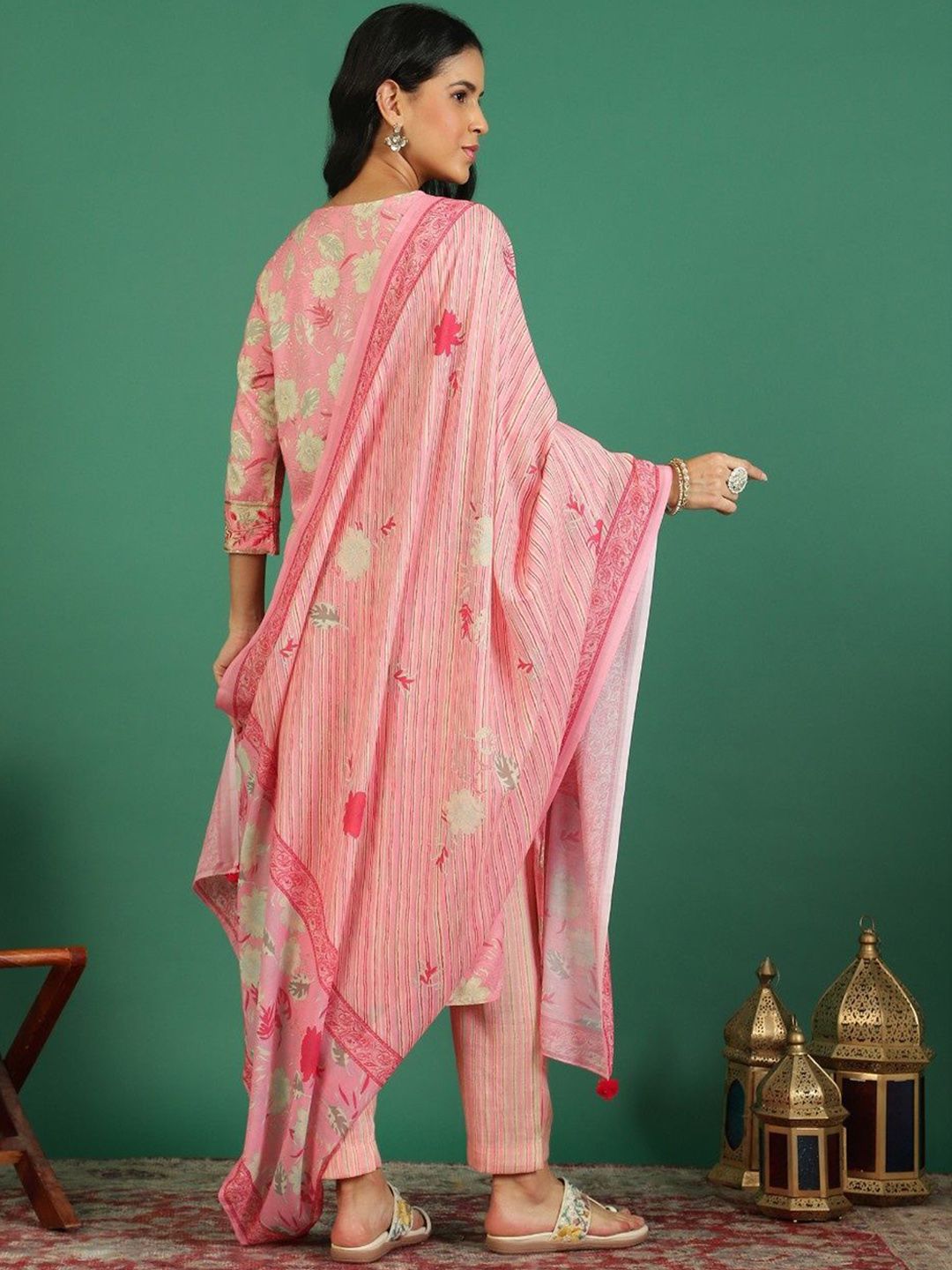 Sangria Floral Printed & Embroidered Kurta & Trouser With Dupatta