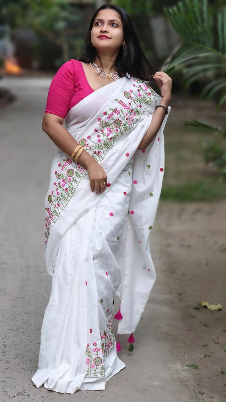 Exclusive Collection White Pure Cotton Handloom Embroidered Saree