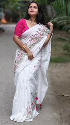 Exclusive Collection White Pure Cotton Handloom Embroidered Saree