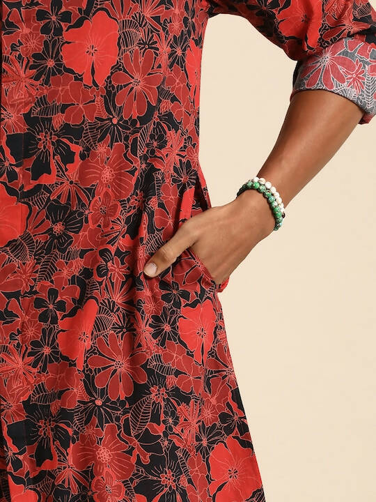 Red & Black Men pure Cotton Floral Printed Straight Kurta - Mahotsav