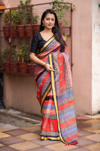 Red Silk Blend Geometric Saree with Unstitched Blouse - Hiral Fashion