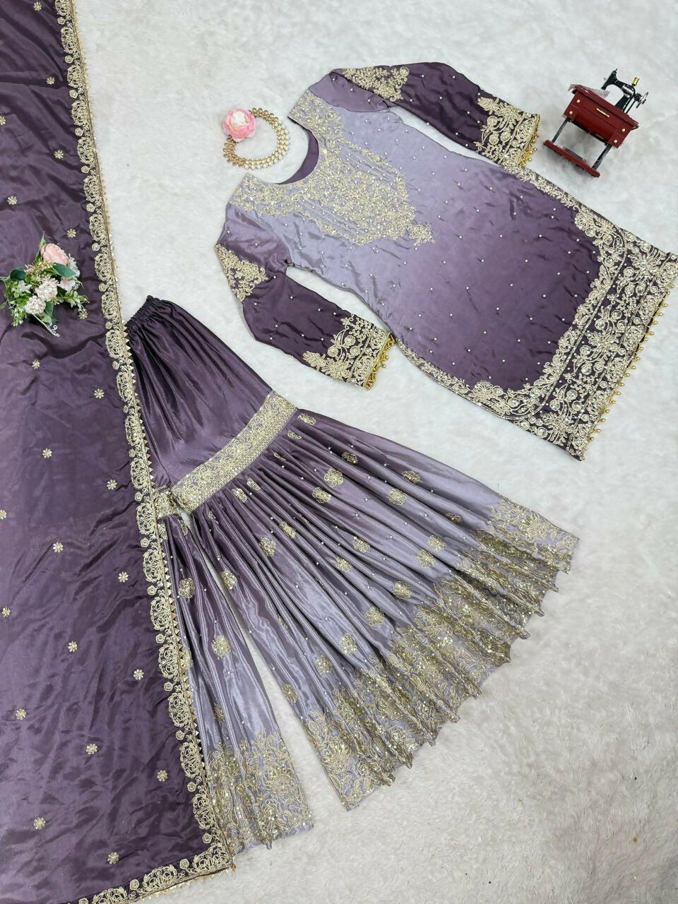 The52 Women's Beautiful Chinon silk Fabric Embroidery Work Straight Kurta Palazzo and Dupatta Set - Distacart