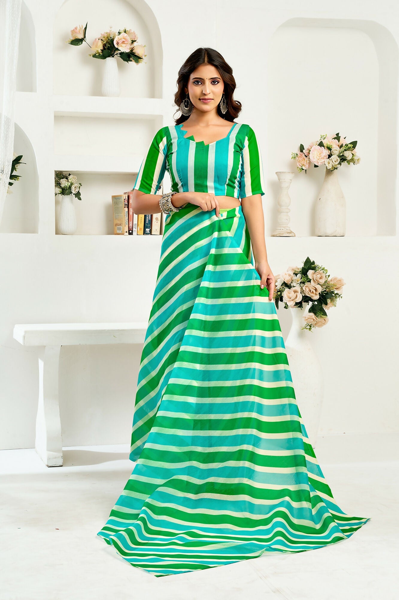 Vastranavya Green Digital Printed Linen Ready To Wear Designer Saree with Unstitched Blouse - Distacart