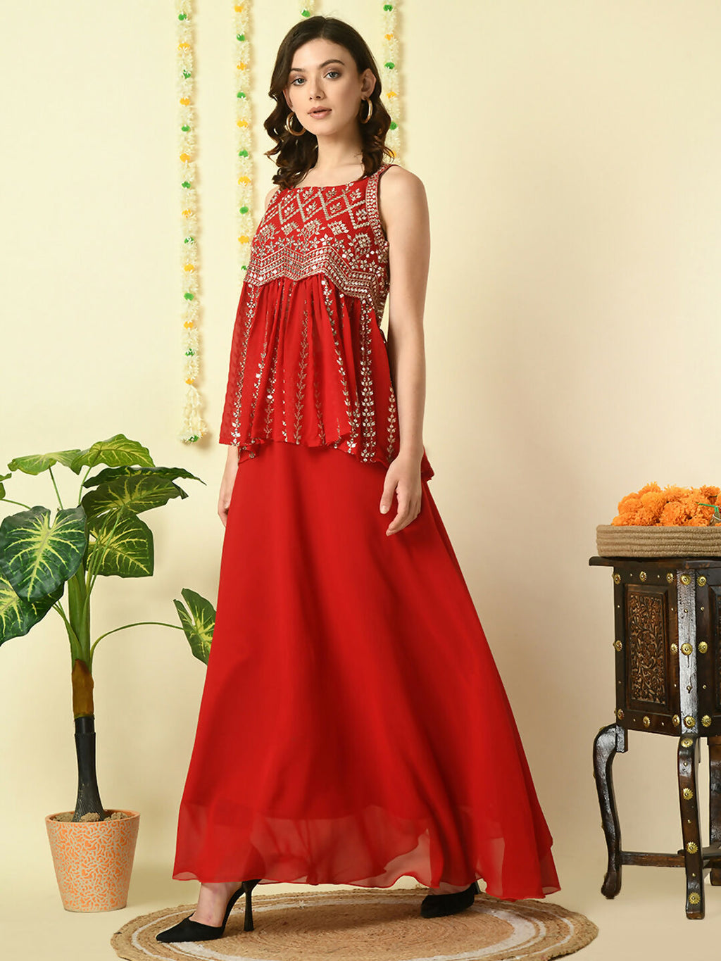 Myshka Women's Red Georgette Top With Skirt Party Sets