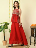 Myshka Women's Red Georgette Top With Skirt Party Sets