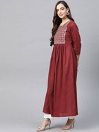 Yufta Women Rust Red & White Embroidered Mirror Work Yoke Design Cotton A-Line Dress