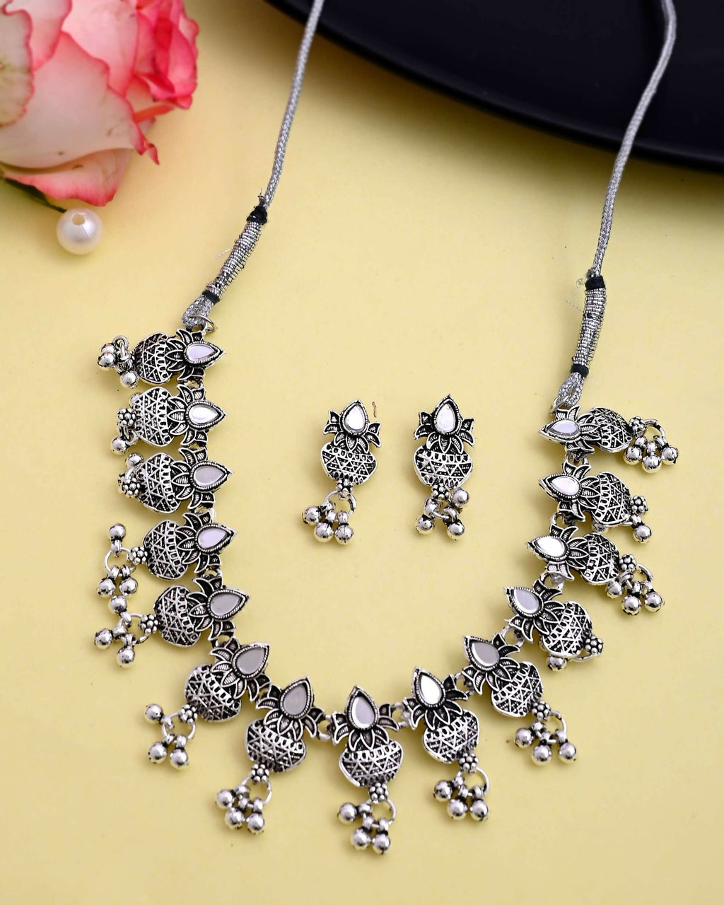 VOJ Silver Plated Oxidized Kalash Shaped Choker with Earring Set