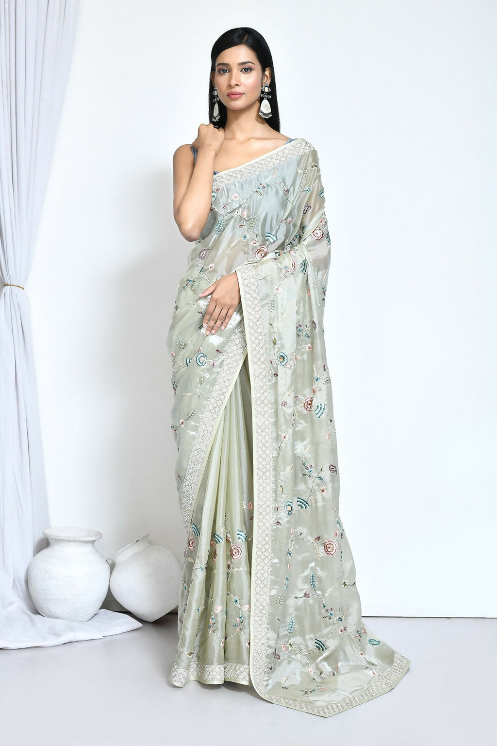 Green Satin Silk Sequence Embroidered With Stone Work Festive Saree - Nimaya Denzy