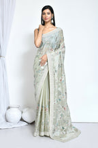 Green Satin Silk Sequence Embroidered With Stone Work Festive Saree - Nimaya Denzy