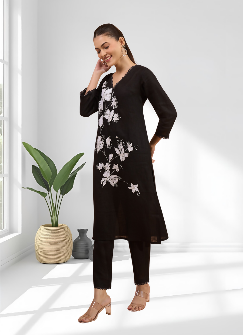 Joban Fashion Black Linen Embroidered Readymade Long Kurta With Pant - Distacart
