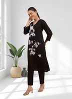 Joban Fashion Black Linen Embroidered Readymade Long Kurta With Pant - Distacart
