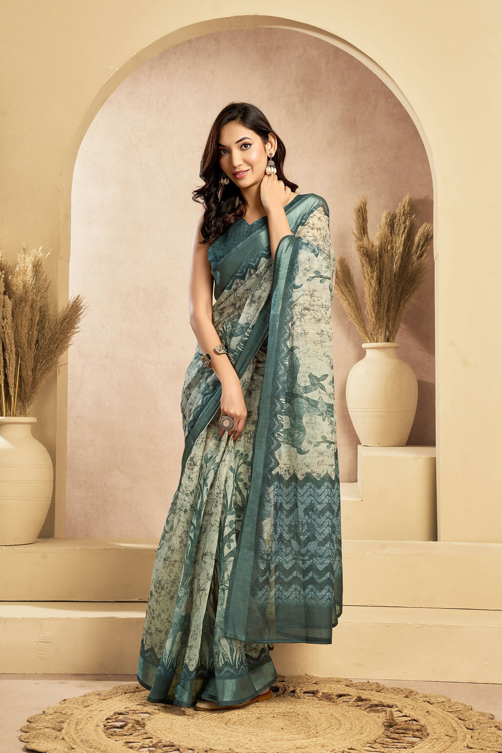 Vastranavya Digital Printed Linen Ready To Wear Designer Saree with Unstitched Blouse - Distacart
