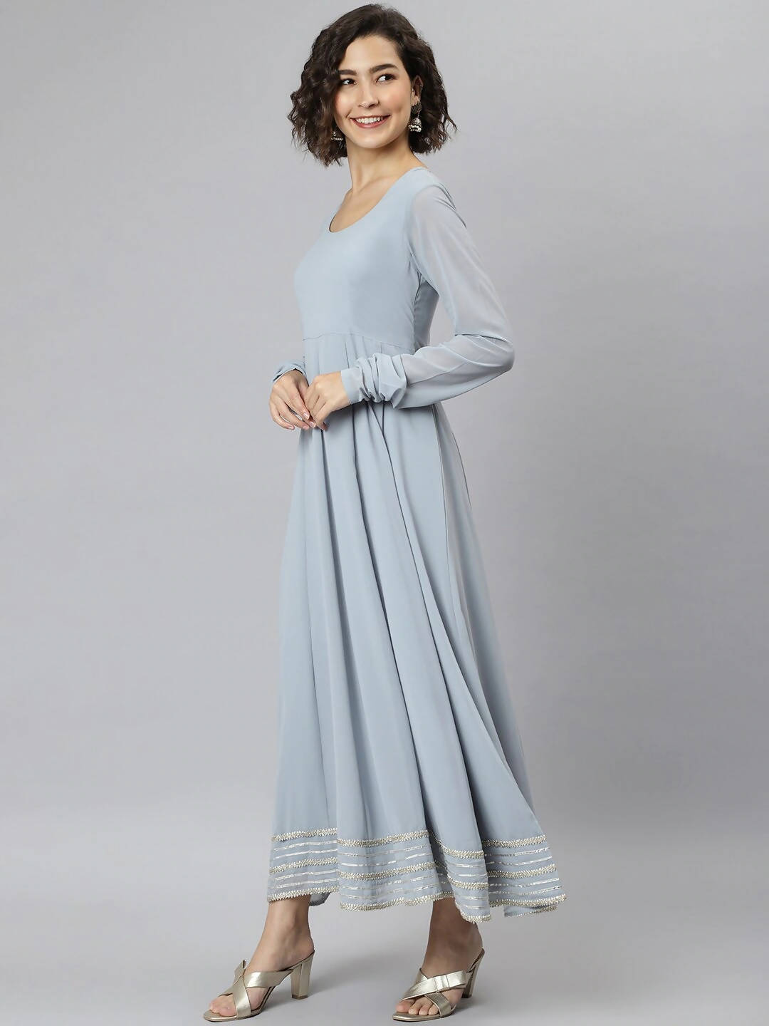Janasya Grey Flared Sleeves Gotta Patti Georgette Anarkali Kurta - Distacart