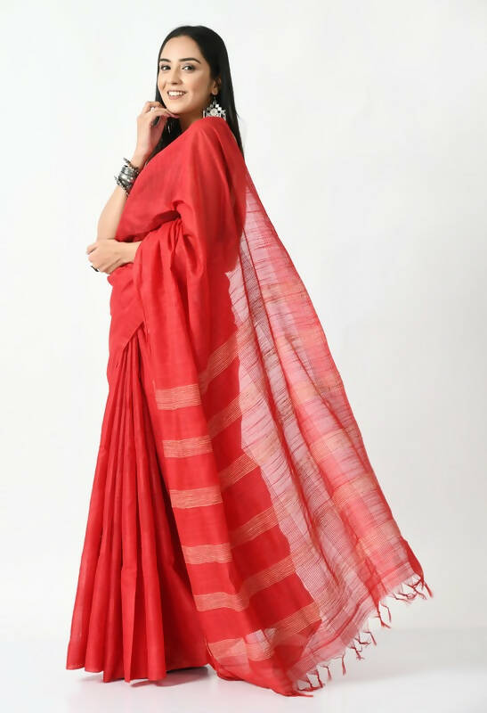 Mominos Fashion Moeza Red Bhagalpuri Handloom 8 Line Ghichha Silk Saree with unstitched Blouse piece - Distacart