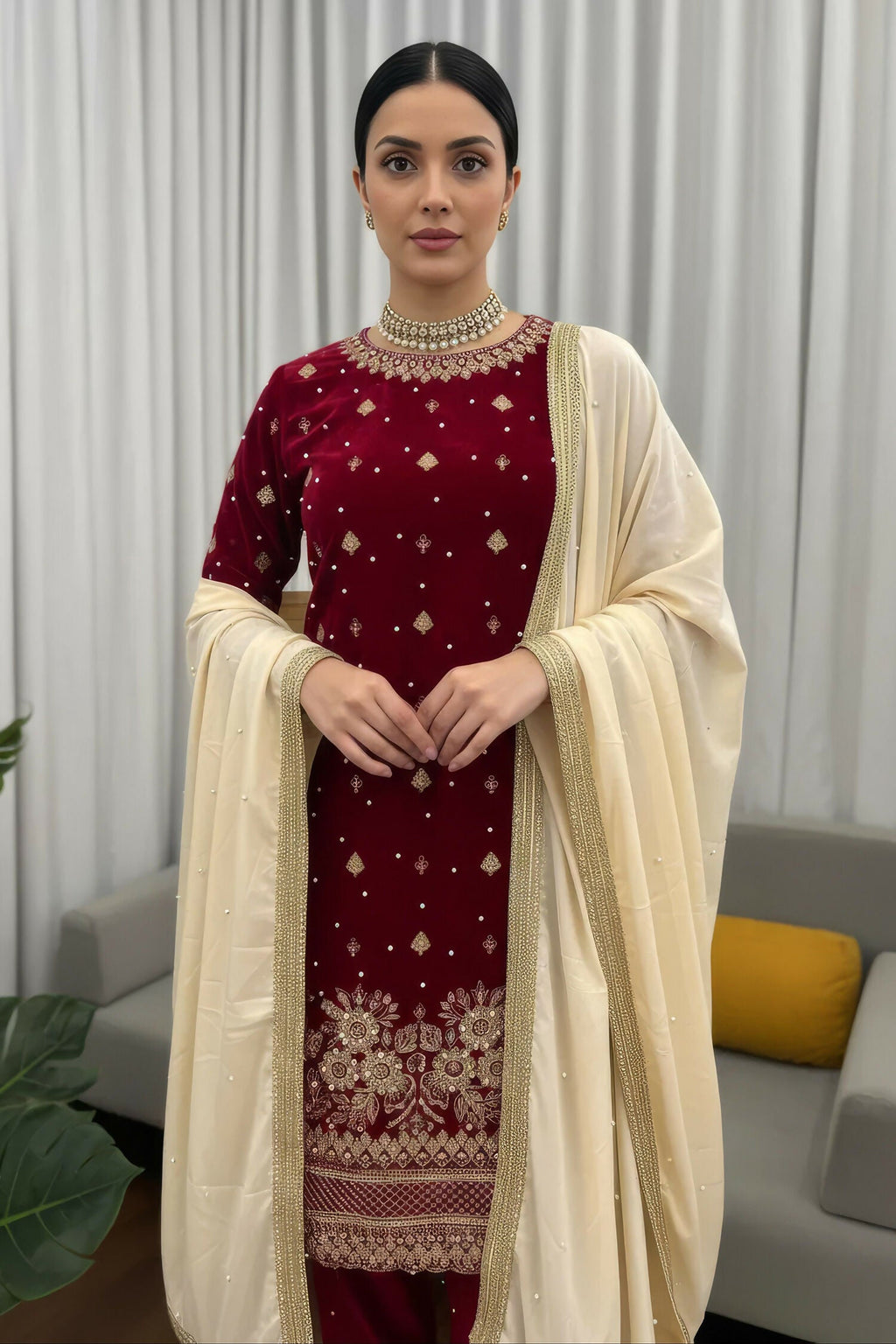 Joban Fashion Deep Maroon Velvet Embroidery Kurta Set - Distacart