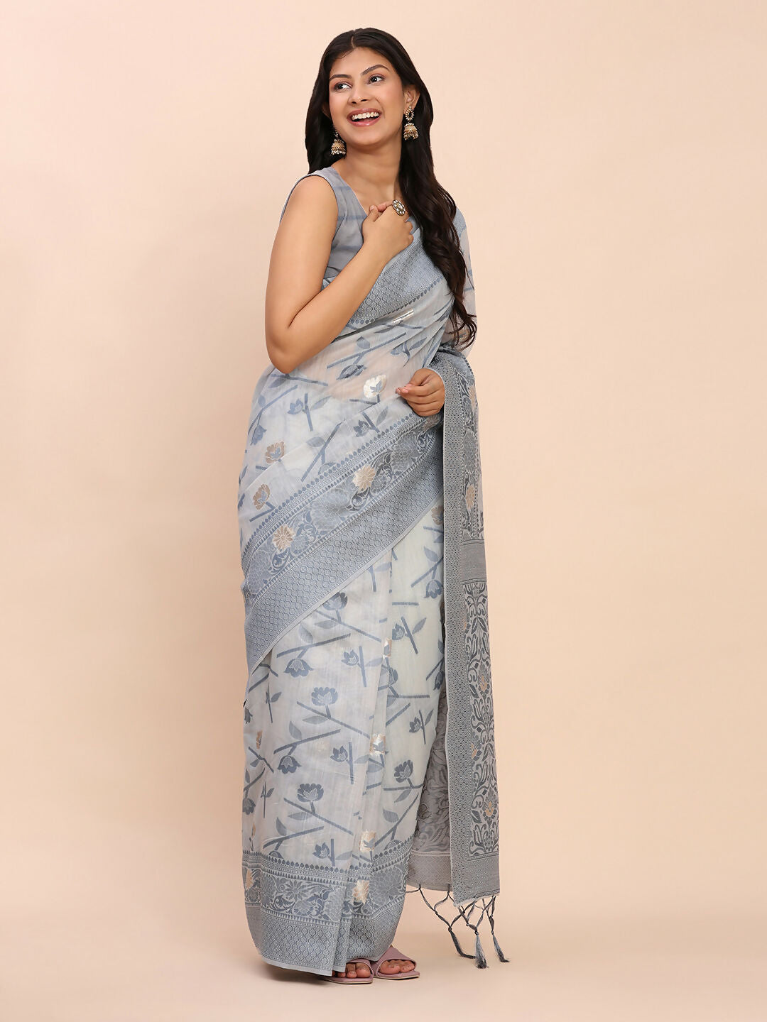 Shree Shyam Fashion Linen Cotton Grey Saree - Distacart