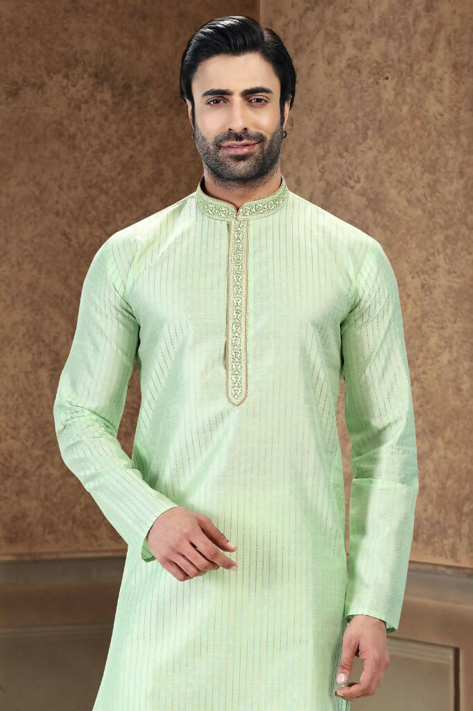 Raivat Ethnic Jacquard Art Silk Thread Work Kurta Pajama In Pista Green Colour - Distacart