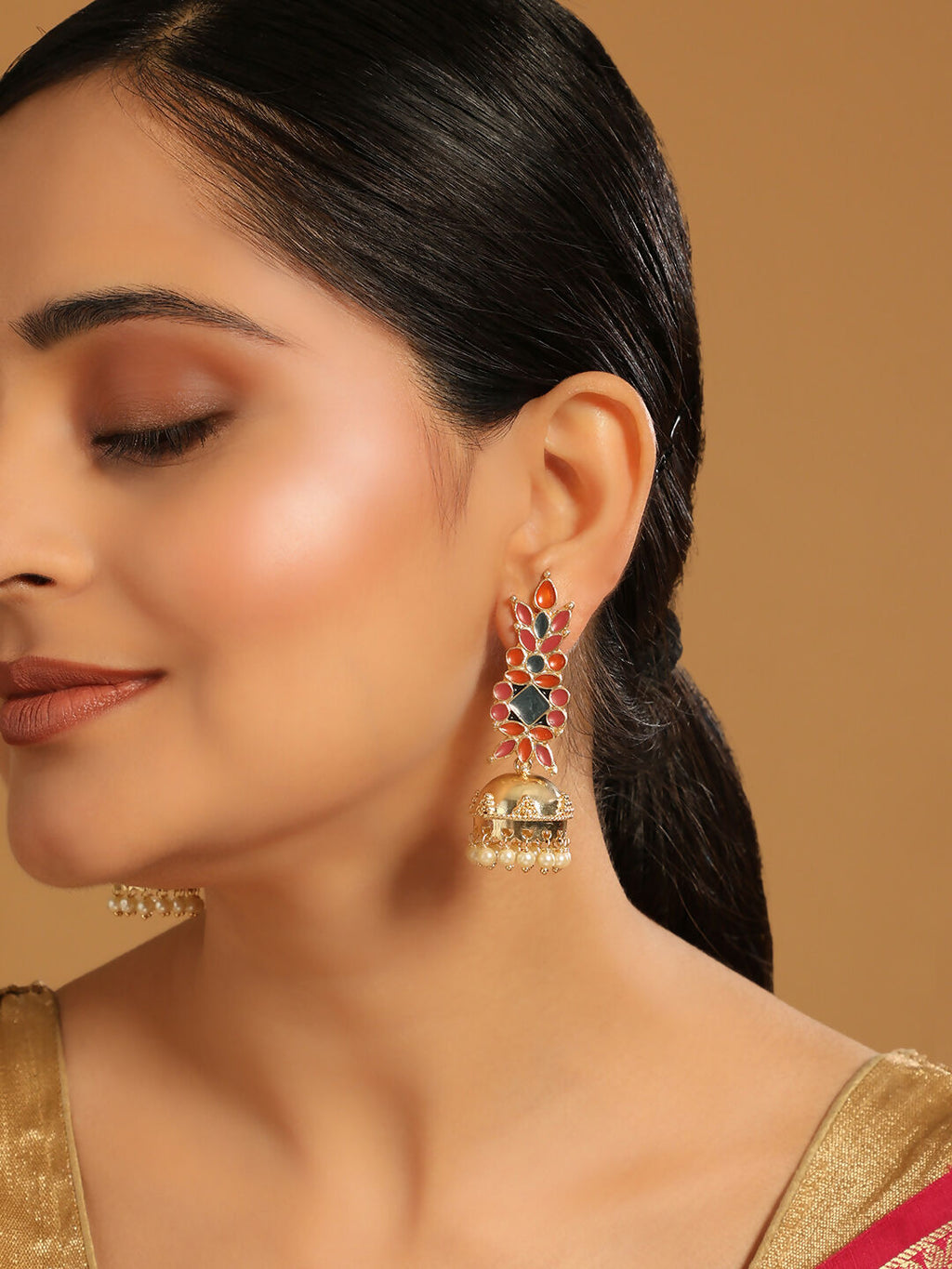 Nuyug 22K Gold-Plated Enamel & Beaded Dome Shaped Jhumka Earrings - Distacart