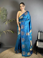 Joban Fashion Blue Motifs Zari Weaving Soft Silk Banarasi Saree