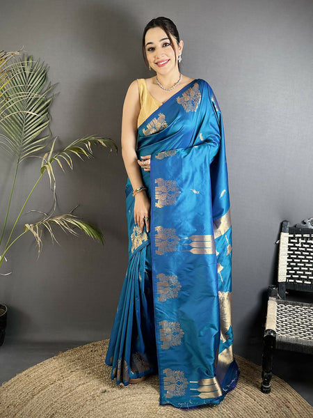 Joban Fashion Blue Motifs Zari Weaving Soft Silk Banarasi Saree