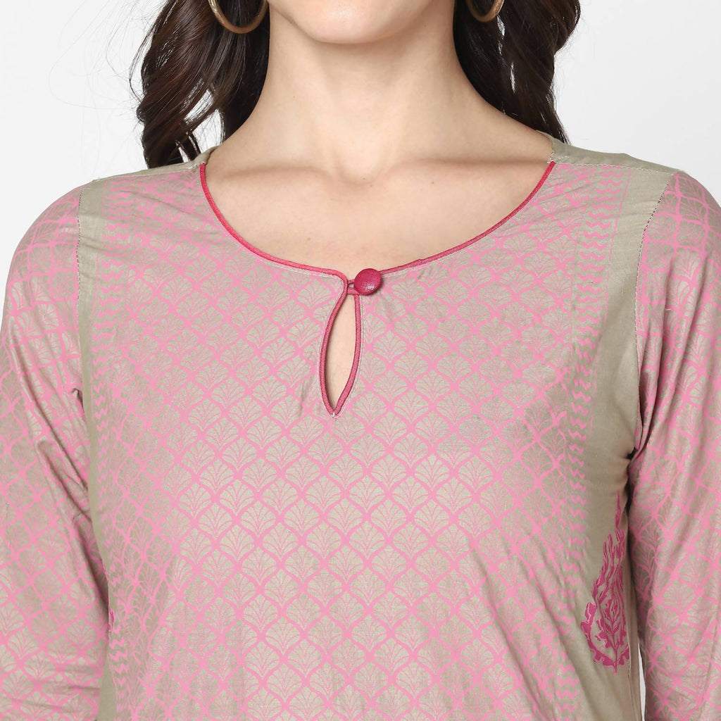 Cheera Hand Block Print Khaki Straight Kurta (MAAI-051K)