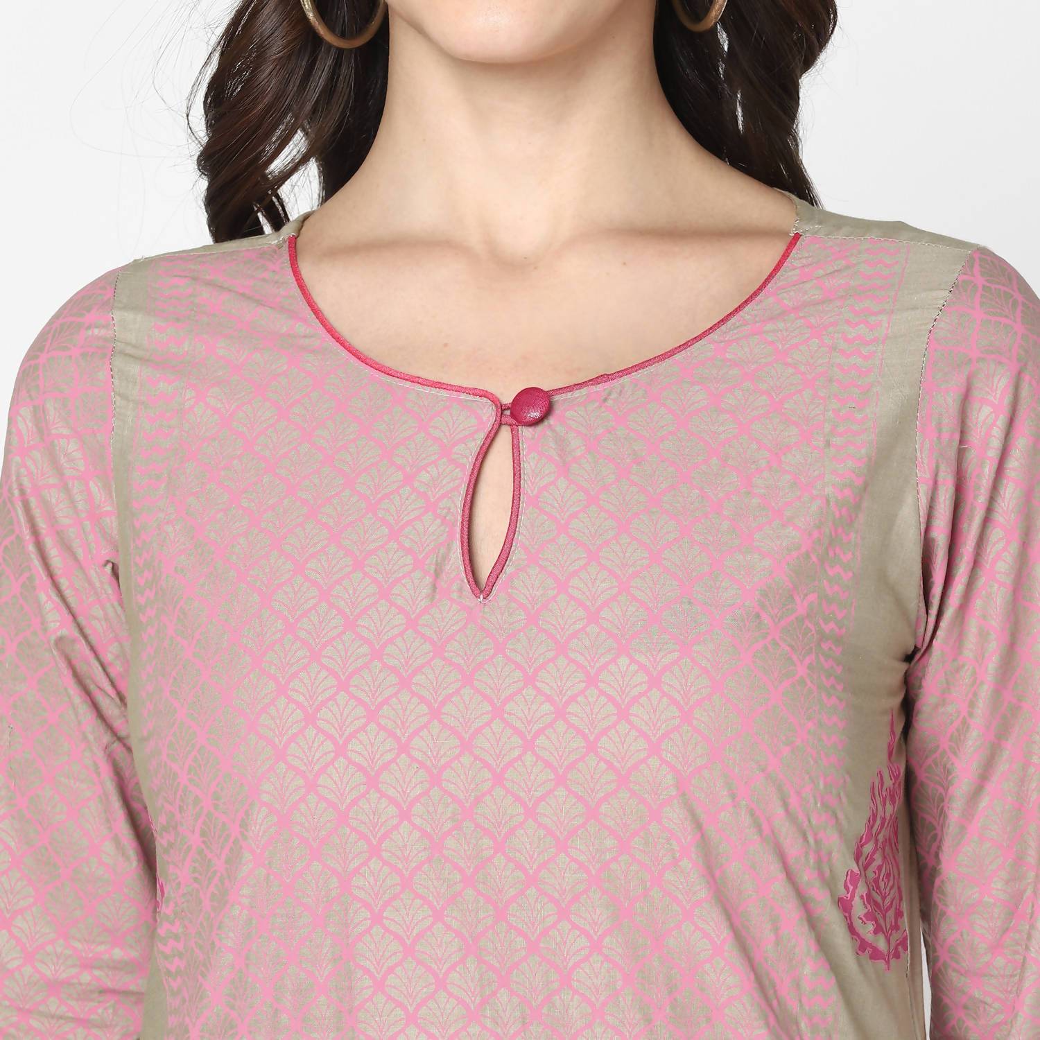 Cheera Hand Block Print Khaki Straight Kurta (MAAI-051K)