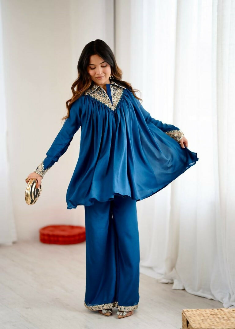 Teeya Creation Blue Heavy Chinnon Silk Embroidery Work Plazo pair - Distacart