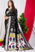 Jyoti Fashion Women's Black Paithani Silk Zari Woven Saree with Blouse
