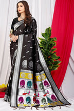 Jyoti Fashion Women's Black Paithani Silk Zari Woven Saree with Blouse