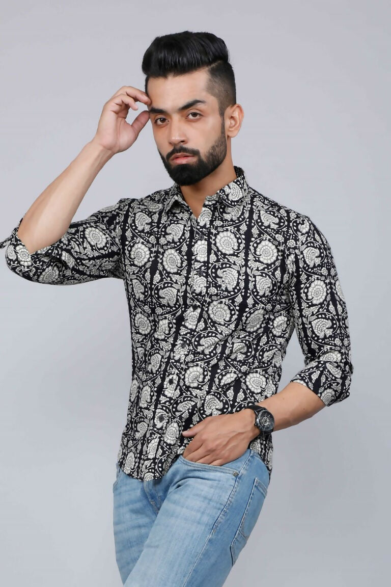 Miravan Men's Black Comfort Floral Printed Cotton Casual Shirt