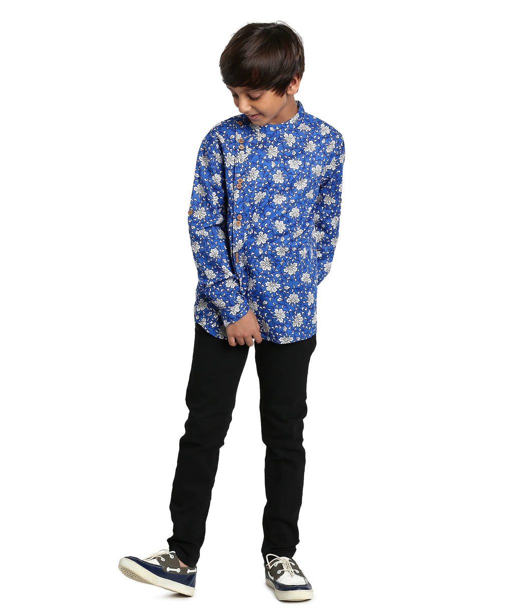 Manet Boys Full Sleeves Flower Printed Ethnic Shirt - Blue