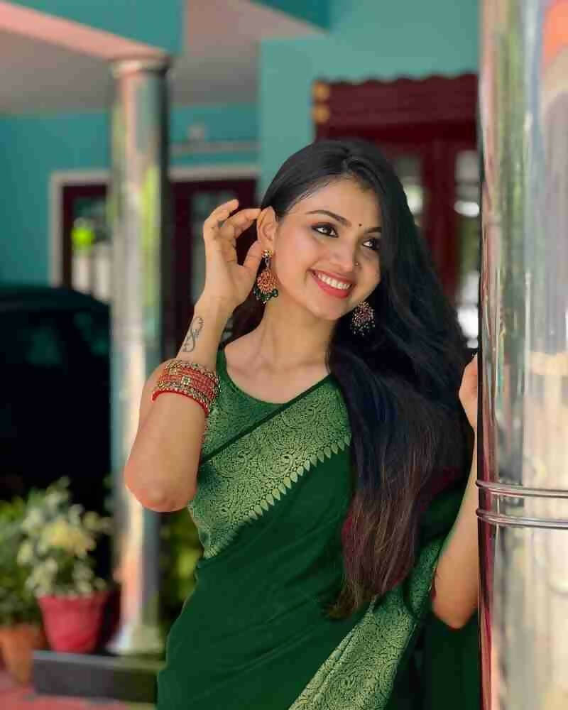 DEIANA'S Beautiful Designer Golden zari Soft Lichi Silk Saree - P Green
