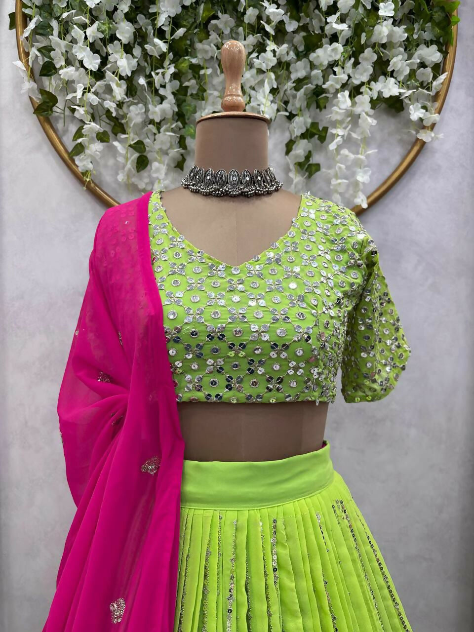 Jyoti Fashion Women's Green Faux Georgette Sequins with Thread Embroidered Designer Lehenga Choli Set