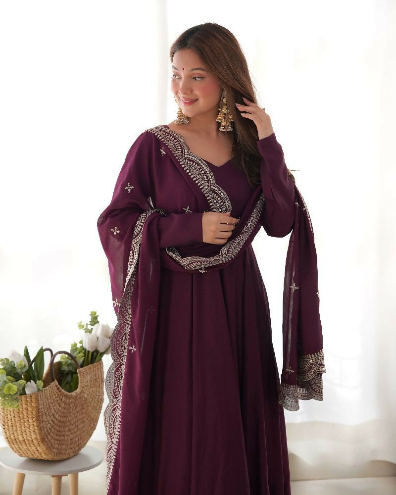 Joban Fashion Wine Kurta Set Chanderi Sequence Embroidery Work - Distacart