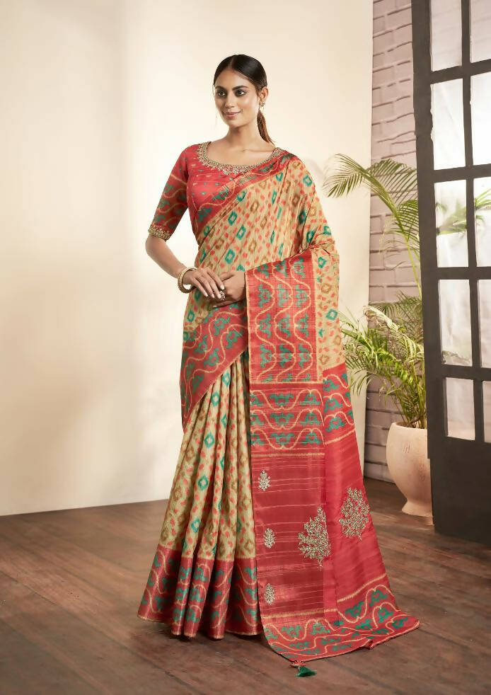 Beige Bhagalpuri Silk Woven design with Hand work butta Saree - Norita Nirvi