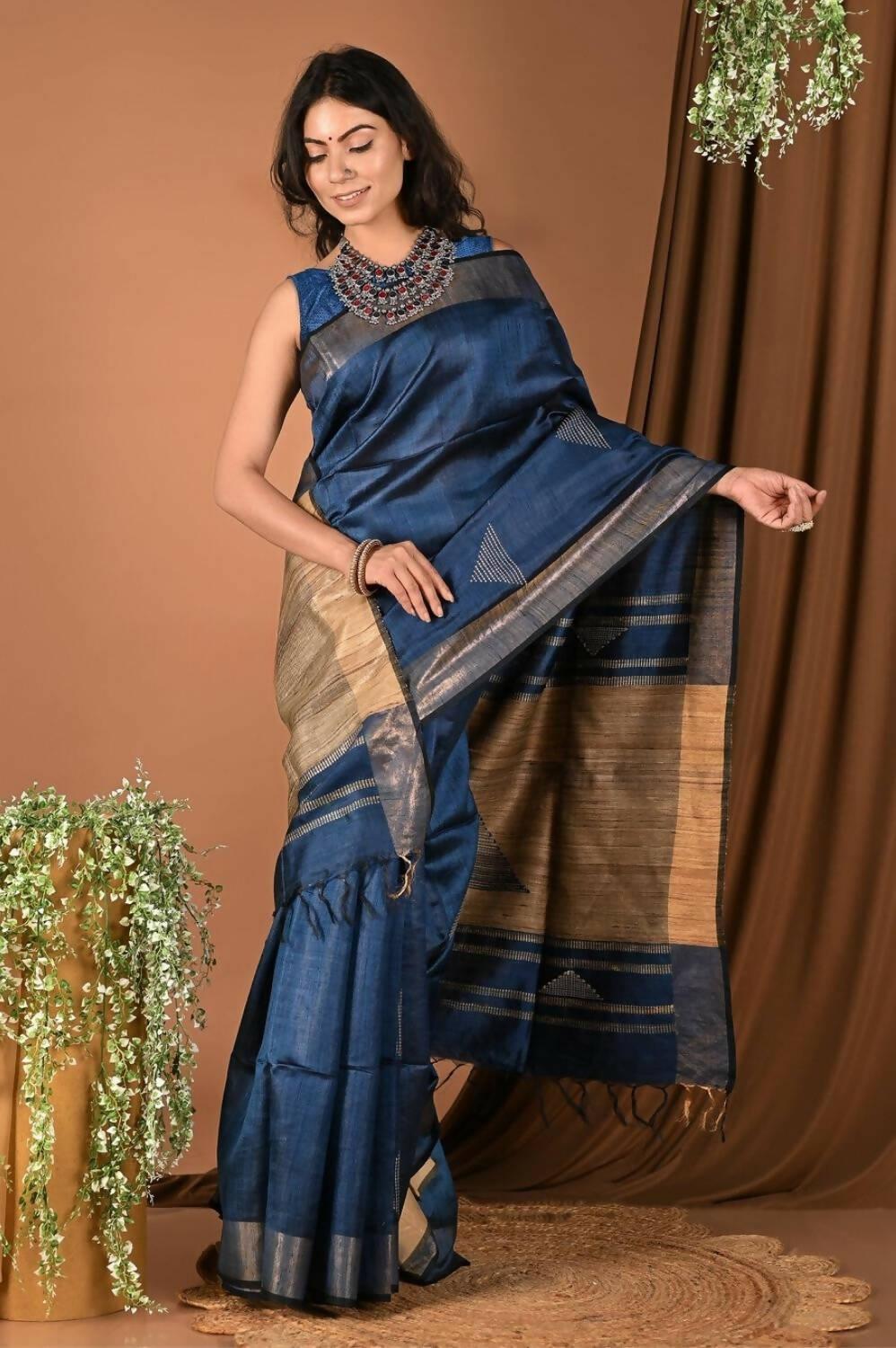Very Much Indian Handloom Pure Dupion Silk Saree With Sleek Golden Border - Blue - Distacart