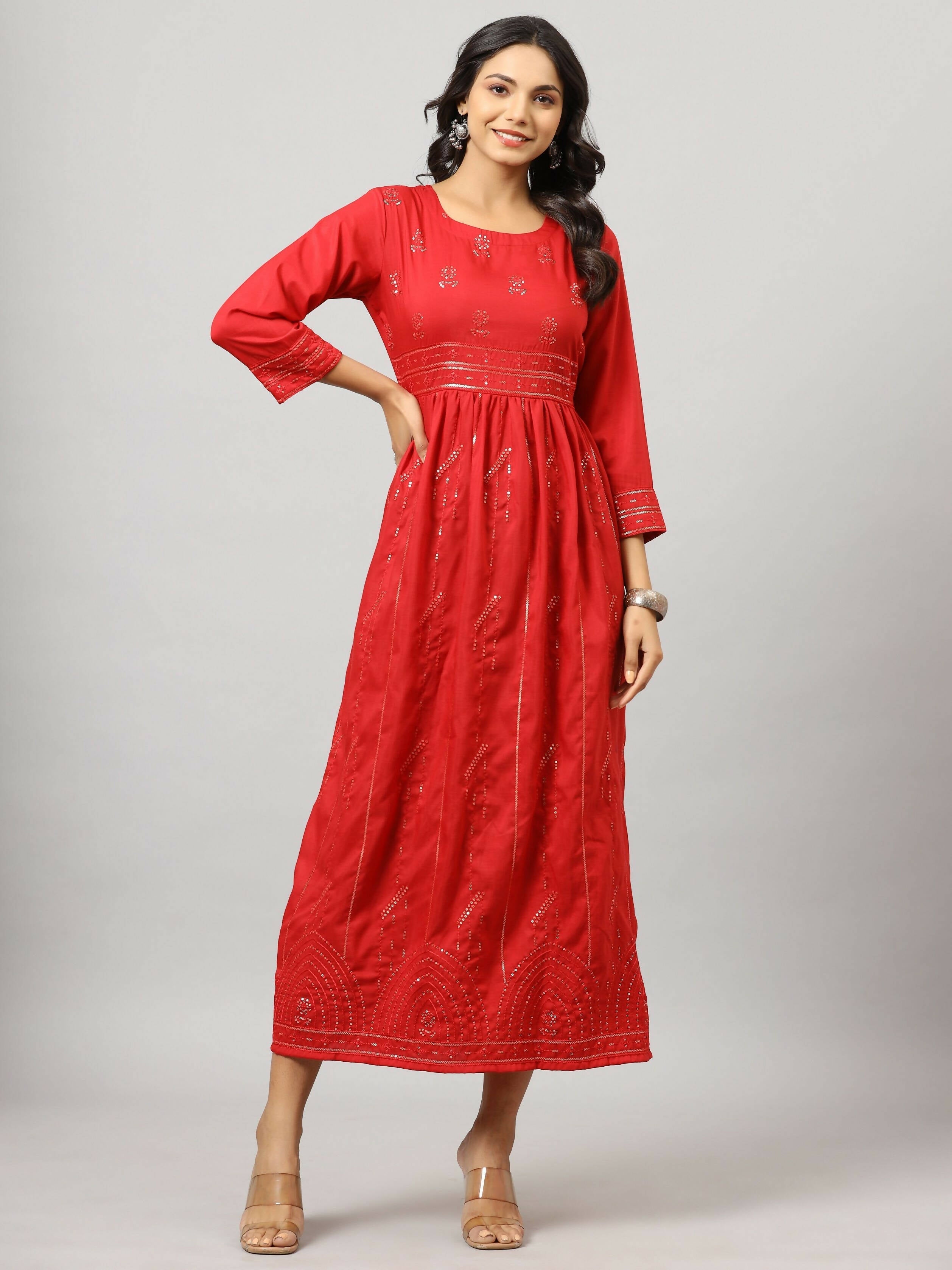 Juniper Women's Red Festive Printed Flared Dress - Distacart