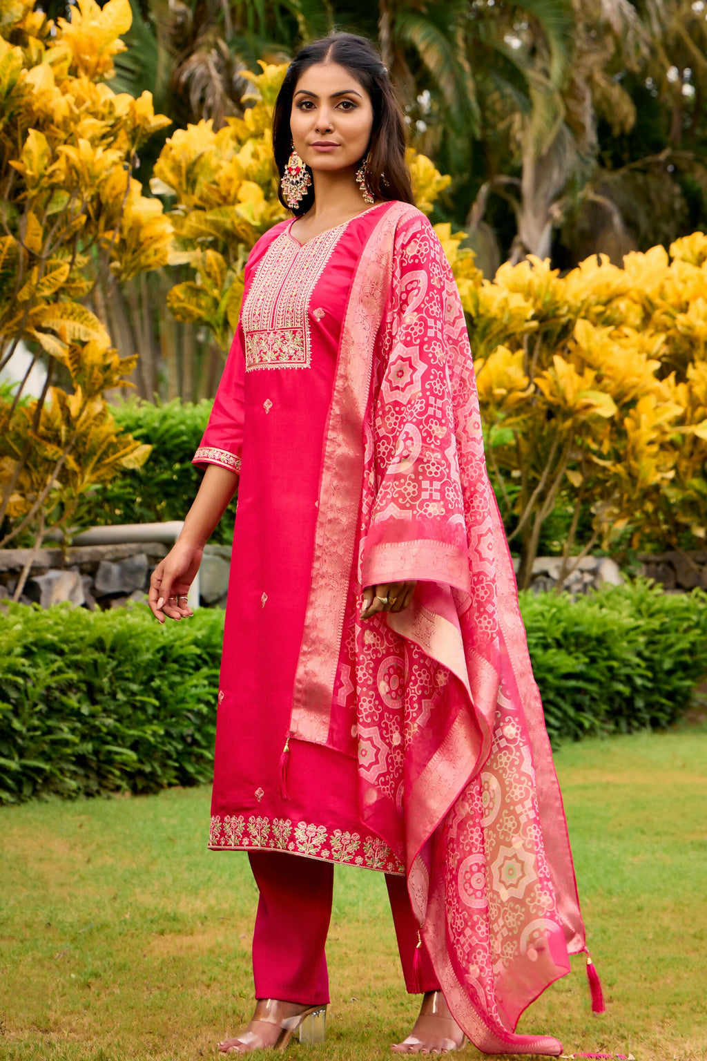 The52 Women's Beautiful Embroidery Work Roman Fabric Straight Kurta Pant and Dupatta Set - Distacart