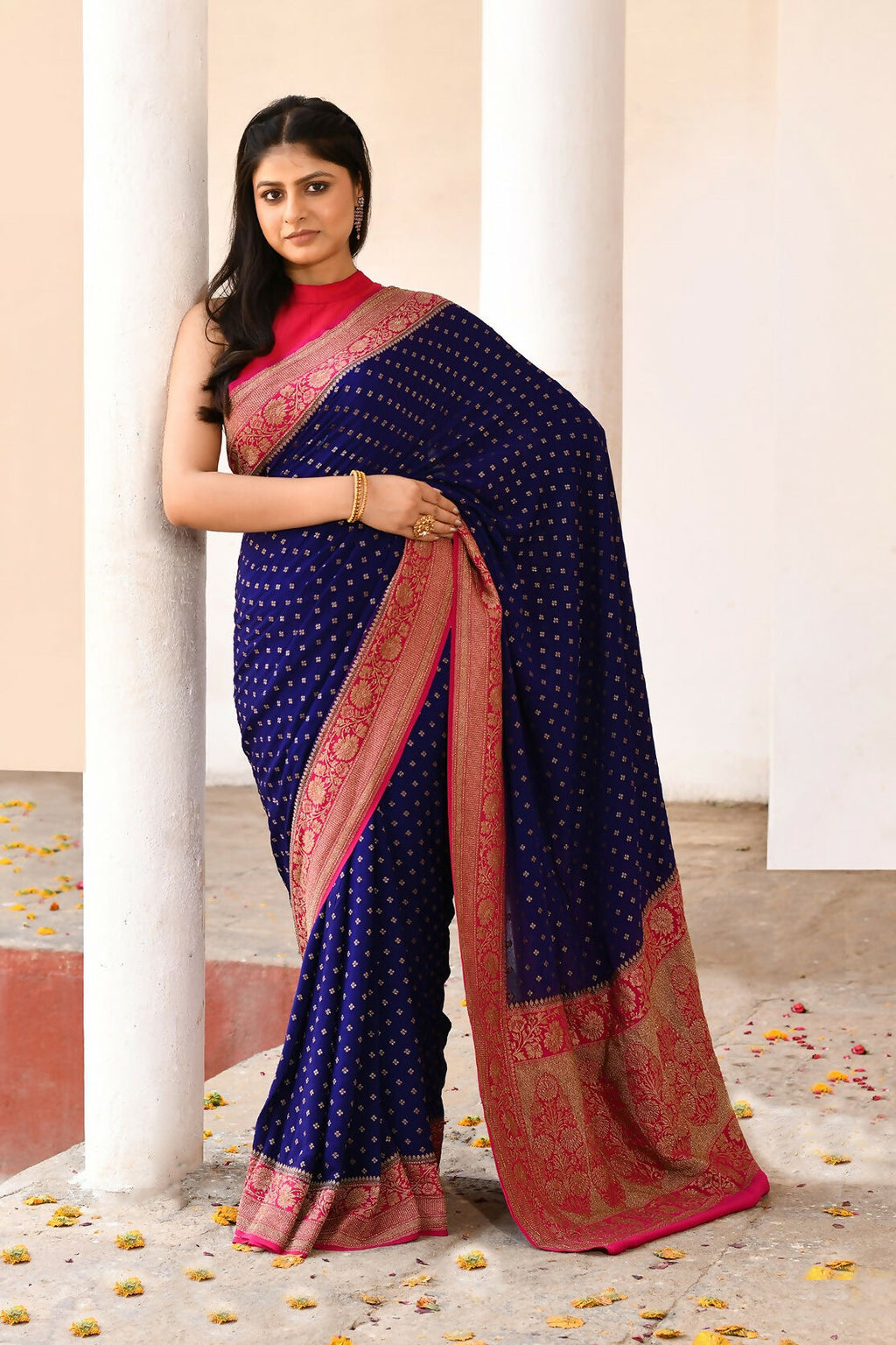 Joban Fashion Navy Blue Crepe Chiffon Pure Handloom Banarasi Silk Saree