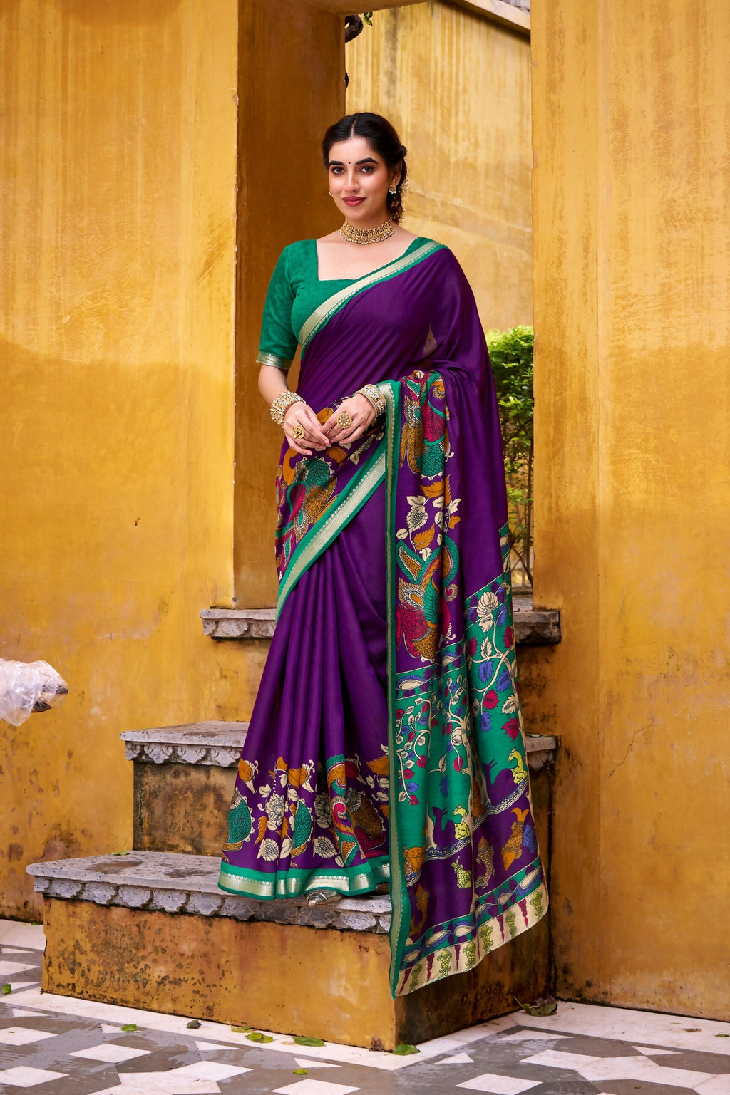 Vastranavya Purple Viscose Chanderi Kalamkari Print with Zari Working Saree & Unstitched Blouse - Distacart