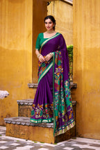 Vastranavya Purple Viscose Chanderi Kalamkari Print with Zari Working Saree & Unstitched Blouse - Distacart