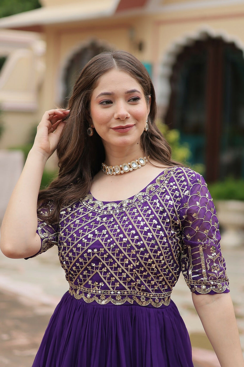 Joban Fashion Purple Georgette Sequence Embroidery Work Gown - Distacart