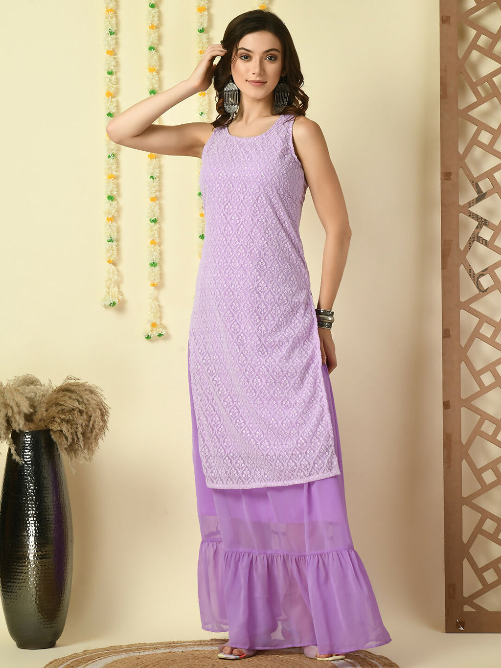 Myshka Women's Purple Georgette Kurta & Skirt With Dupatta Party Sets