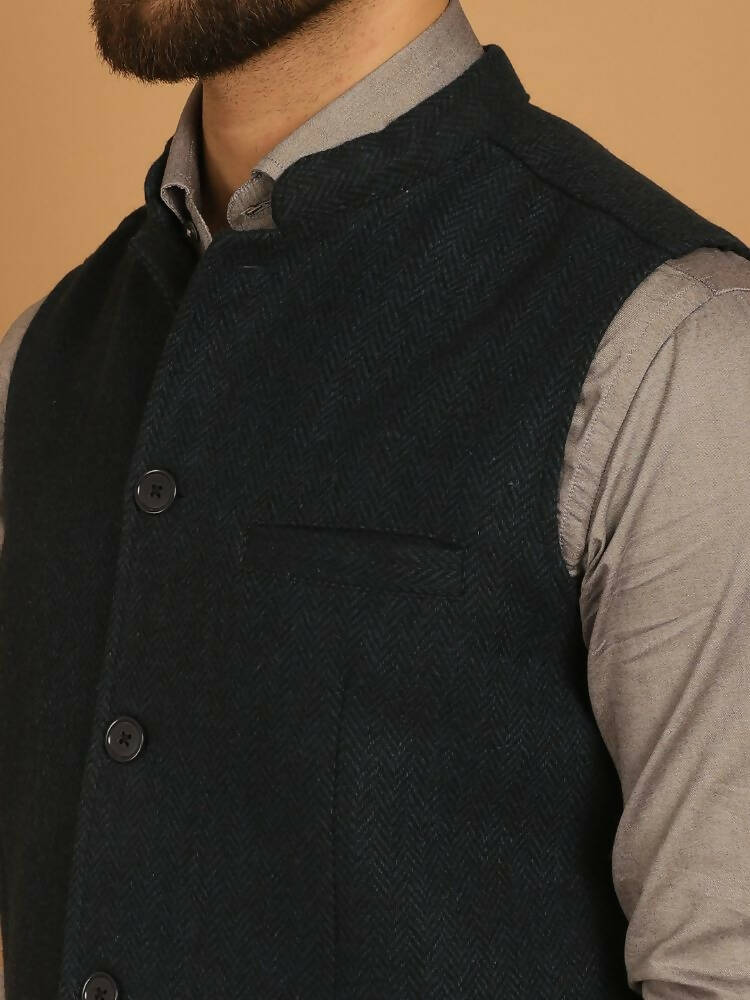 Even Apparels Pure Wool Nehru Jacket - Green