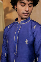Falling Raw Silk Dark Blue Silver Stitches Kurta Set By Hilo Design