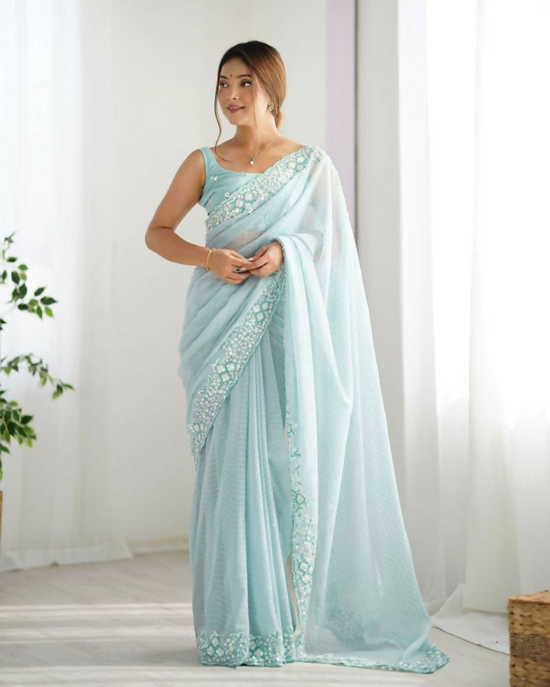 Georgette Designer Sequance Embroidery Work Party Wear Saree - Sky Blue
