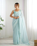 Georgette Designer Sequance Embroidery Work Party Wear Saree - Sky Blue